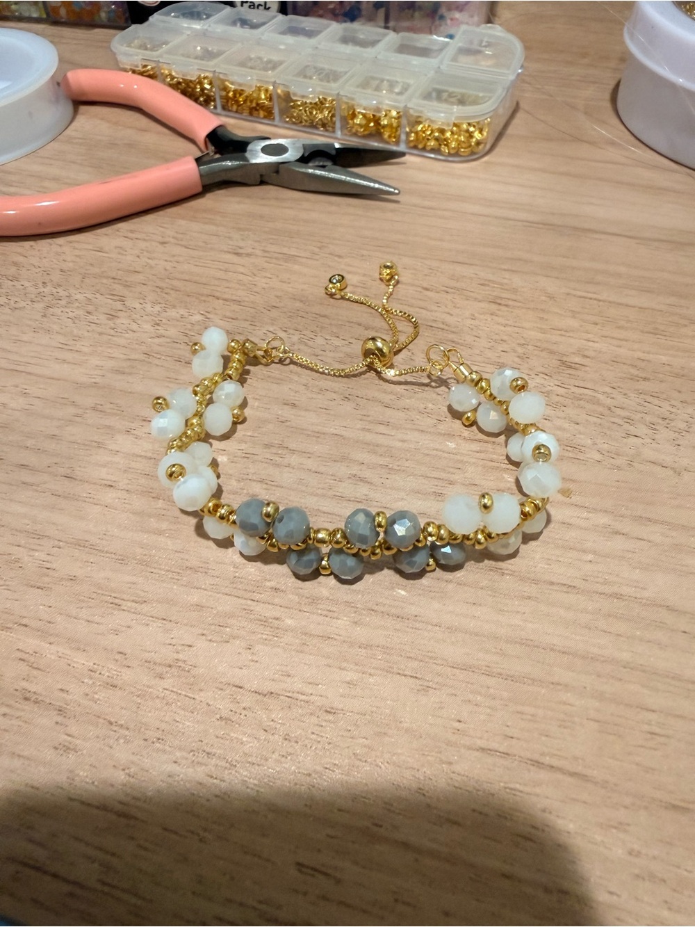 Gold Beaded Bracelet with White and Gray Beads